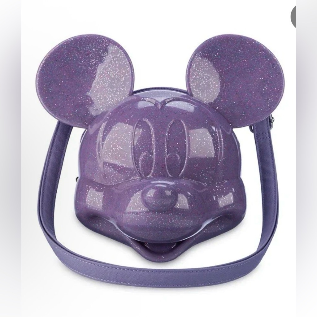 Disney Parks Mickey Mouse Loungefly Molded Head Purple Glitter Crossbody
